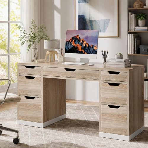 Computer Desk with Drawers, Small Office Desk with Storage, Light Walnut | 54 Inch Writing Desk with 7 Storage Drawers, Study Desk for Bedroom, Small Spaces - color: Light Walnut