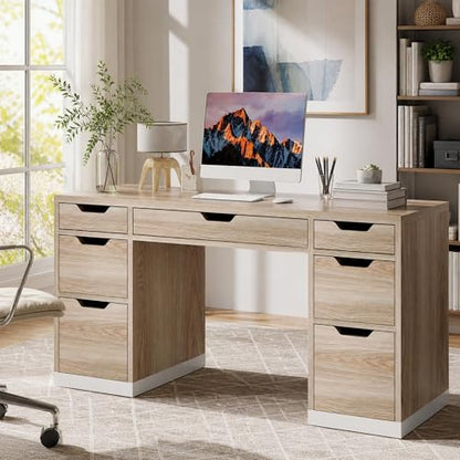 Computer Desk with Drawers, Small Office Desk with Storage, Light Walnut | 54 Inch Writing Desk with 7 Storage Drawers, Study Desk for Bedroom, Small Spaces - color: Light Walnut