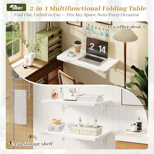 Dogsky 24" x 14" Floating Wall Desk, Fold Down Wall Table - 100 lbs Heavy Duty Solid Pine Wall Mount Folding Desk for Home Office, Laundry Room, Kitchen & Small Apartment, White - color: White, size: 24'' x 13.7'' x 6.3''