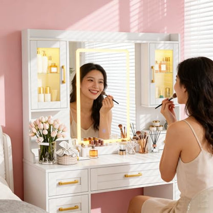 Vanity Desk with Mirror and LED Lights & Power Outlet | Large Makeup Vanity Table with 5 Drawers and 4 Storage Cabinets, White Dressing Table for Bedroom - size: 043 Pure White