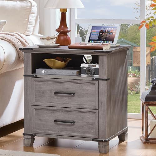 Farmhouse Night Stand with Charging Station, Grey | 2 Drawers End Tables Bedroom, Bedside Table with Metal Handles & Solid Wood Foot & Open Shelf - color: Grey