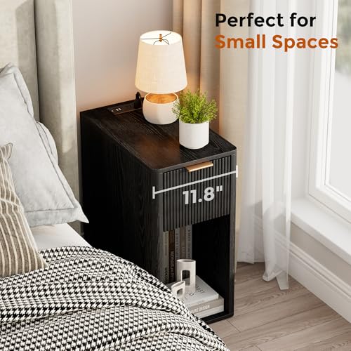 Homleke Narrow End Table with Fluted Drawer & Charging Station | Compact Nightstand with USB Ports & Outlets, Bedside Table for Bedroom, Living Room, Modern Accent Table, Black - color: Black