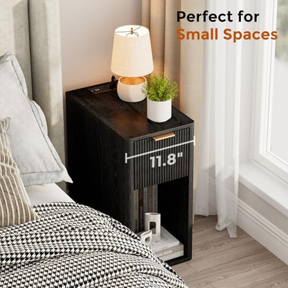 Homleke Narrow End Table with Fluted Drawer & Charging Station | Compact Nightstand with USB Ports & Outlets, Bedside Table for Bedroom, Living Room, Modern Accent Table, Black - color: Black