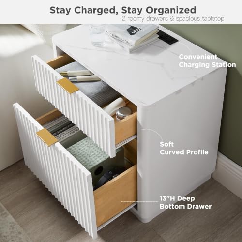 T4TREAM 23'' Fluted Nightstand with Charging Station, Modern, Solid White | Large 2 Drawer, Curved Profile, Mid-Century, Bedside Table with Storage, End Table for Living Room, Bedroom, Side Table - color: Solid White