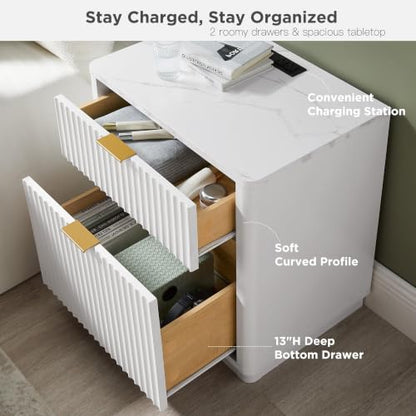 T4TREAM 23'' Fluted Nightstand with Charging Station, Modern, Solid White | Large 2 Drawer, Curved Profile, Mid-Century, Bedside Table with Storage, End Table for Living Room, Bedroom, Side Table - color: Solid White