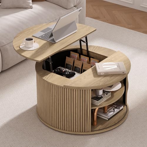 SULIVES Round Coffee Table with Lifting Top, Multifunctional Lift Top Drum Coffee Table with Sliding Door, Small Fluted Center Table for Living Room, Oak - color: Oak_round-lift-top