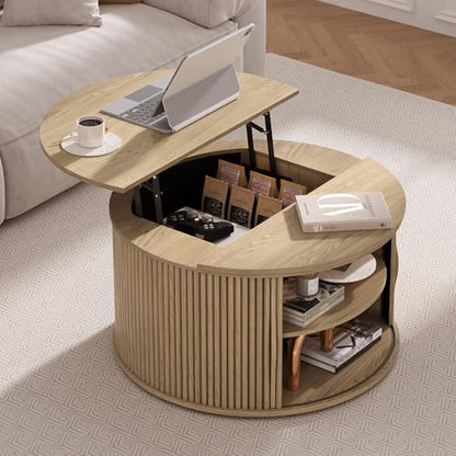 SULIVES Round Coffee Table with Lifting Top, Multifunctional Lift Top Drum Coffee Table with Sliding Door, Small Fluted Center Table for Living Room, Oak - color: Oak_round-lift-top