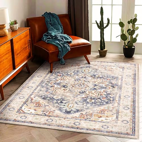 CHAMPLANT 3'x5' Blue Khaki Vintage Washable Thin Area Rug Traditional Floor Cover Foldable Indoor Distressed Non Slip Carpet Floral Print Mat for Bedroom Living Room Bathroom - color: Blue Khaki, size: 3' x 5' (Rectangular)