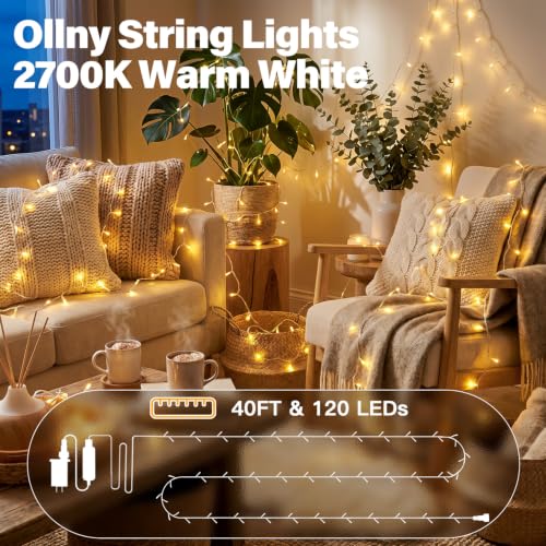 Ollny 120LED 40FT String Lights, Waterproof Connectable Fairy Lights with Timer 8 Modes, Warm White Plug in Indoor Light for Bedroom Classroom Outdoor Wedding Christmas Party Decorations - color: Warm White, size: 120 LEDs