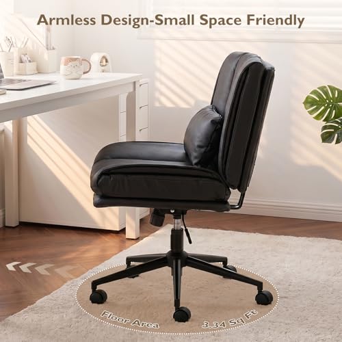 Armless Criss Cross Office Chair with Wheels,PU Leather Black | 5.5" Double Layers Thickened Seat Cushion and Backrest,Lumbar Pillow,Swivel Chair,Wide Comfortable Cross Legged,320LBS - color: Black