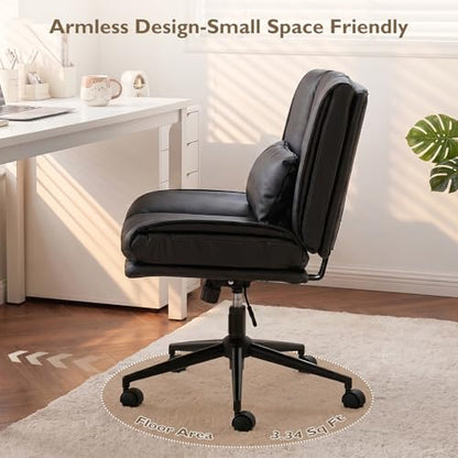 Armless Criss Cross Office Chair with Wheels,PU Leather Black | 5.5" Double Layers Thickened Seat Cushion and Backrest,Lumbar Pillow,Swivel Chair,Wide Comfortable Cross Legged,320LBS - color: Black