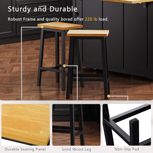 53'' Mobile Kitchen Island with Seating, Rolling Kitchen Island with Storage and Drop Leaf, 3 Drawers Islands Cart Rubberwood Top, 2 Open Shelves, Isla para Cocina, Black + 2 StooIs