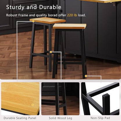 53'' Mobile Kitchen Island with Seating, Rolling Kitchen Island with Storage and Drop Leaf, 3 Drawers Islands Cart Rubberwood Top, 2 Open Shelves, Isla para Cocina, Black + 2 StooIs