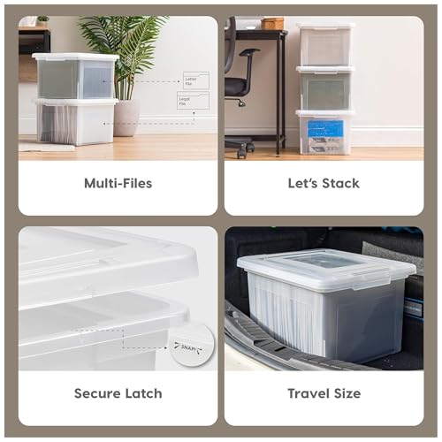 IRIS USA File Box, Plastic File Organizer with Lids for Letter/Legal File, Portable Document Box For Moving, Storage Bin with Durable and Secure Lid, Stackable Nestable BPA-Free, Clear 35 Qt. 8 Pack | Portable Moving Box, Stackable and Secure Storage, Dur