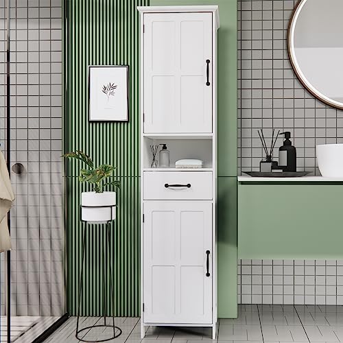 Locsear Tall Bathroom Storage Cabinet, White Bathroom Cabinets Freestanding, Narrow Storage Cabinet w/Adjustable Shelves for Home, Kitchen, Versatile, Anti-Tipping - color: 2 Doors