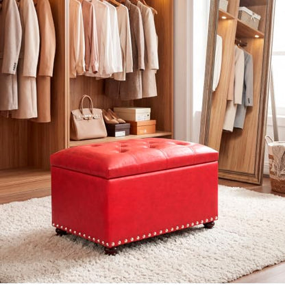 Leather Storage Ottoman, 24" Rectangle Square Bench Foot Rest Stool for Bedroom Living Room, Red - color: Red