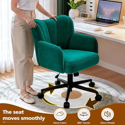 DurayLoly Desk Chair with Shell Back & 360° Swivel Wheels | Comfy Velet Vanity Chair,Adjustable Height,Stylish and Comfortable for Makeup, Work & Relaxation,Dark Green - color: Dark Green