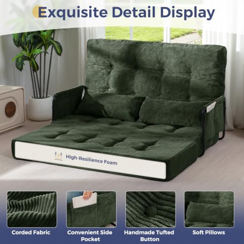 MAXYOYO Adjustable Folding Sofa Bed Couch with 2 Pillows, Dark Green | Multi-Functional Bean Bag Bed, 5-Position Foldable Lazy Floor Sofa Bed with Armrest, Versatile Floor Seating for Reading - color: Dark Green