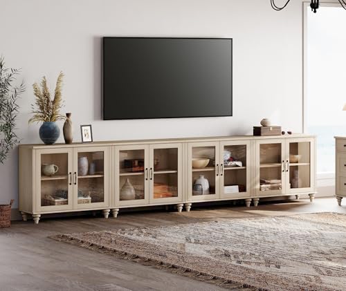 WAMPAT Large TV Stand for TVs up to 100 Inch, Beige Entertainment Center TV Console Table for 85/90/95/110 Inch TV, Accent Buffet Cabinet with Glass Door for Dining Room & Living Room - color: Beige-a, size: 4