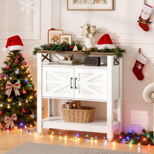 Console Table, Farmhouse Sofa Table with Power Outlet, Coffee Bar Cabinet with Storage, Entryway Table, Coffee Bar Table, for Entrance, Hallway, Kitchen, White and Walnut MXG01UWL