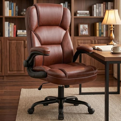 Leather Office Chair with Flip Up Arms, 360° Swivel Ergonomic Desk Chair with Wheels, Adjustable Height Computer Chair with Padded Seat for Home Office, Study,Gaming Room, Brown - color: Brown