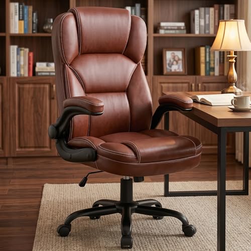 Leather Office Chair with Flip Up Arms, 360° Swivel Ergonomic Desk Chair with Wheels, Adjustable Height Computer Chair with Padded Seat for Home Office, Study,Gaming Room, Brown - color: Brown