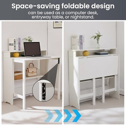 Folding Desk with Charging Station,Fold Out Desk with Monitor Stand,Storage Shelf,Small Foldable Computer Desk for Compact Home Office Spaces (White) - color: White
