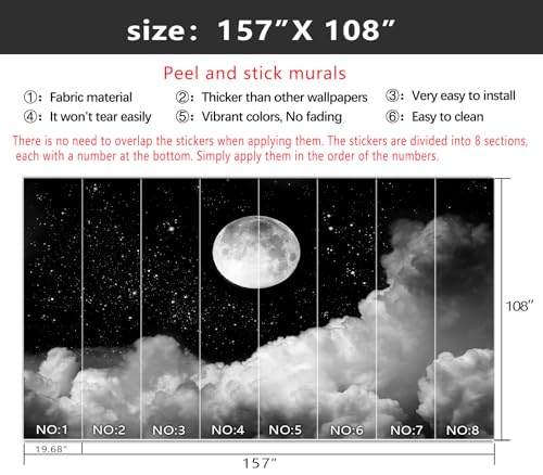 YIHWM-Peel and Stick Galaxy Wallpaper Moon Clouds Black Starry Sky Mural | Tear-resistant,with a substantial feel;Will not be damaged during repositioning.Boy's Room,kids room wallpaper.XL-157"x108" - color: Yh15, size: 157"x108"
