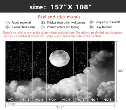 YIHWM-Peel and Stick Galaxy Wallpaper Moon Clouds Black Starry Sky Mural | Tear-resistant,with a substantial feel;Will not be damaged during repositioning.Boy's Room,kids room wallpaper.XL-157"x108" - color: Yh15, size: 157"x108"