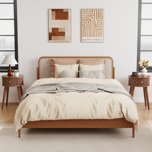 Round Fluted Side Table Set of 2, Small End Table with Fluted Drawer, Mid-Century Modern Wooden Bedside Table Round Nightstand Small Sofa Side Table for Living Room(Walnut) - color: Walnut, size: 15.7"D x 15.7"W x 23.6"H