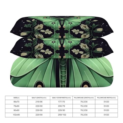 Boho Green Moth Moon 3 Piece Reversible Bedding Set 102"x90",Double Sided Brushed Microfiber Duvet Cover Set with 2 Pillowcases Soft Breathable Comforter Cover for Home - color: Boho Green Moth Moon, size: 102"x90"