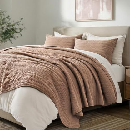 EVERGRACEHOME 100% Cotton Modern Lines Quilt Set Queen Size, Rose Dust | Pre-Washed Soft Cotton, Striped Coverlet Bedspread, 3 Piece Lightweight Bedding Set for All Season, with 2 Pillow Shams - color: Rose Dust, size: Full/Queen (92" X 92")