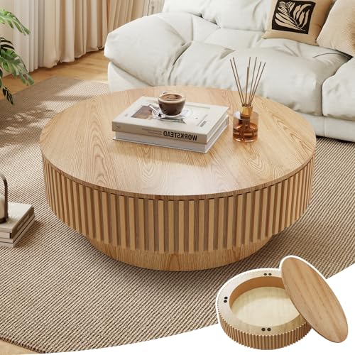 39.37'' Round Coffee Table with Storage, Modern Wooden Fluted Circle Coffee Table Oak Unique Drum Center Table Wood Circular Tea Table for Living Room, Office, Small Apartment, Natural Wood - color: Storage Natural Wood, size: 39.37 inch