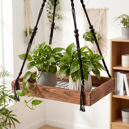 Novabright Hanging Window Plant Shelf, 16 Inch Wooden Macrame Style Shelf with Metal Grid Frame, Adjustable Cotton Rope Indoor Holder for Window, Wall or Ceiling, 50 lb Capacity