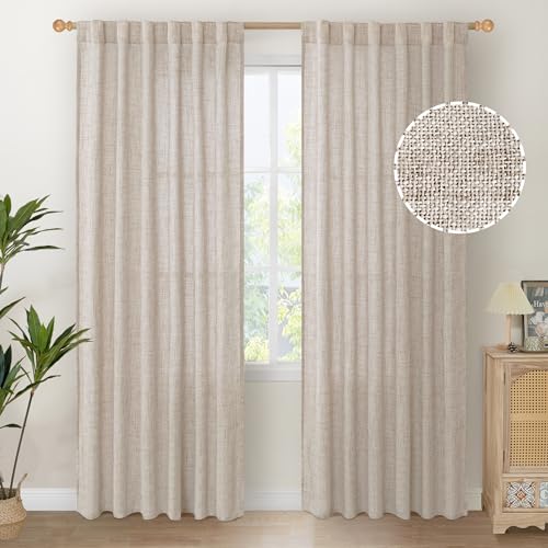 YoungsTex Natural Linen Curtains 80 Inch Length Light Filtering Drapes | Beige Semi Sheer Drapes Textured Rustic for Bedroom Office Living Room Window Rod Pocket Back Tab, 2 Panels, 52 X 80 Inch - color: Natural, size: 52"W x 80"L (Pack of 2)
