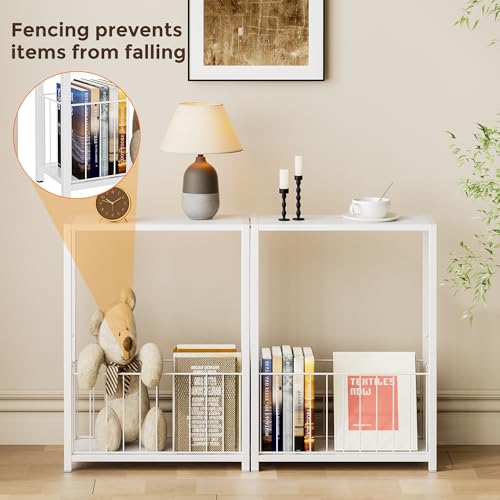 Homleke Narrow Side Table with Magazine Holder, Skinny End Table | Space-Saving Design, Small Spaces, Storage Shelf, Metal Frame, Easy Assembly, 7.1" D x 16.9" W x 23.6" H, White - color: White - Standard