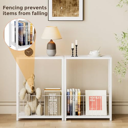 Homleke Narrow Side Table with Magazine Holder, Skinny End Table | Space-Saving Design, Small Spaces, Storage Shelf, Metal Frame, Easy Assembly, 7.1" D x 16.9" W x 23.6" H, White - color: White - Standard