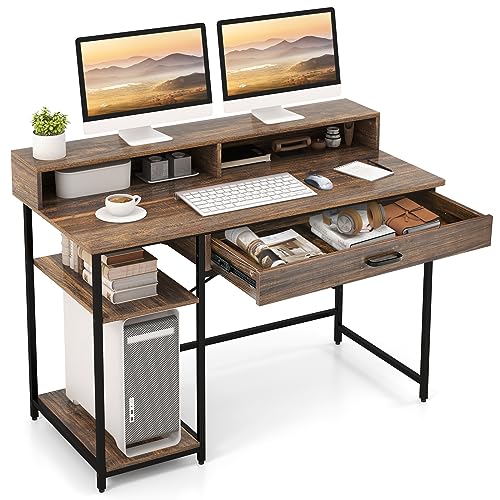 Tangkula Computer Desk with Storage Drawer & Monitor Stand, 48” Home Office Writing Desk with 2 Open Shelves & Compartments, Computer Workstation Writing Study Desk with Metal Frame (Rustic Brown)