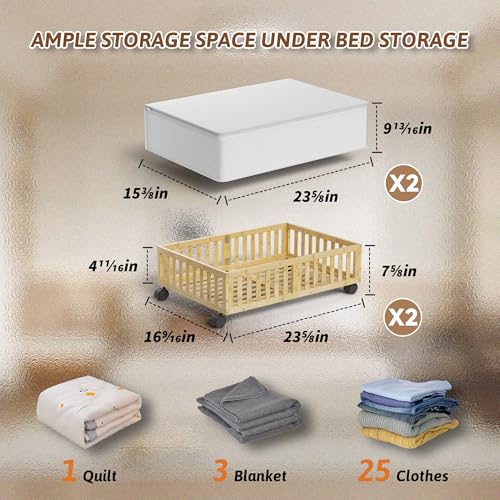 MHXW SXPN 2 Pack Bamboo Under Bed Storage Containers with Wheels, Nature | Underbed Drawer Storage with Bag, Wood Rolling Underbed Organizer for Shoes, Sheets Clothes Blanket Comforter, Under Crib Toy - color: Nature, size: 2 PCS (23.62"×16.54")