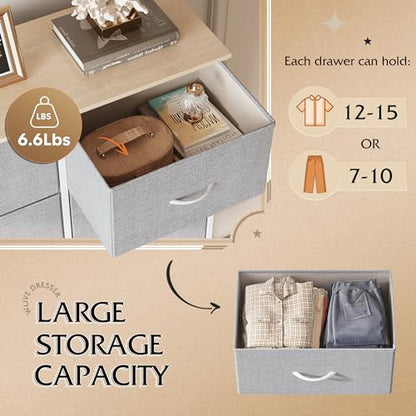 WLIVE Fabric Dresser for Bedroom, Tall Dresser with 8 Drawers, Storage Tower with Fabric Bins, Double Dresser, Chest of Drawers for Closet, Playroom, Dormitory, Light Grey | 8-drawer tall storage tower with fabric bins and wood tabletop, breathable non-wo