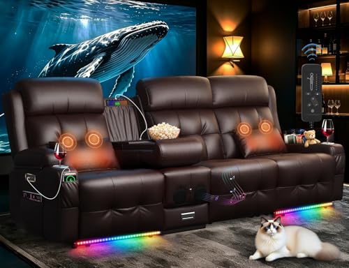 Home Theater Seating, 3 Seat Power Loveseat Recliner Sofa with Heat Massage | Wall Hugger Reclining Loveseat with USB, RV Couch with LED Lights, Flip Backrest, Cup Holders for Movie Theater, Gaming Room - color: Brown, size: 92" - 3 Seats