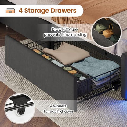 Full Size Bed Frame with Headboard Storage, 4 Drawers, Dark Grey | LED Bed Frame Full Size with Charging Station, Lights, 5 Shelves, Upholstered Bed with Metal Slats, No Box Spring Needed - color: Dark Grey-linen Fabric, size: Full