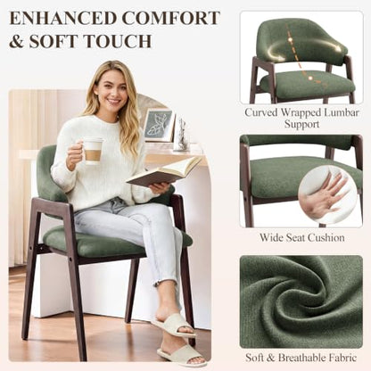 MALOL Wooden Dining Chairs Set of 2, Fabric, Curved Open Back, Green - color: Green, size: Set of 2