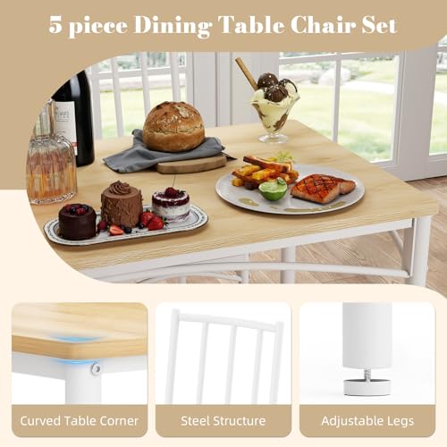 5-Piece Dining Table Set with 4 Chairs & Adjustable Feet, Upholstered Seats Kitchen Table and Chairs Set of 4, Space-Saving Design for Small Apartments and Dining Rooms, White - color: White, size: 5-piece