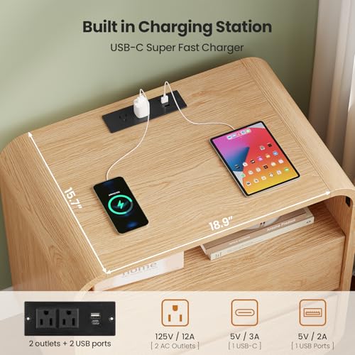 HAUOMS 23.6" Wide Wood Bedside Table, Curved Profile Design, Natural Oak | Charging Station, 2 Storage Drawers, 25" Tall Nightstand, Large Mid Century End Table, Bedroom/Living Room, Easy Assembly - color: Natural Oak