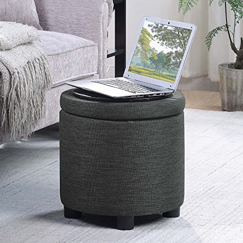 Designs4Comfort Round Accent Storage Ottoman with Reversible Tray Lid - color: Dark Charcoal Gray Fabric