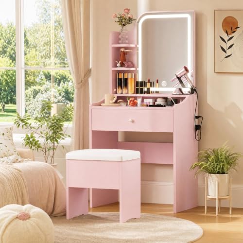LIKIMIO Small Vanity Desk with Storage Stool and Mirror Lights | Pink compact vanity featuring 3 lighting modes, acharging station, a storage drawer, 3 shelves and padded stool - color: Pink