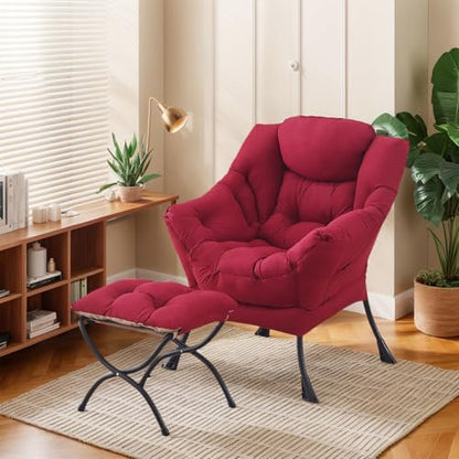 Lazy Chair with Ottoman, Soft Comfy Chair for Bedroom, Burgundy | Reading Accent Lounge Chair with folding Foot Stool for Living Room Dorm Apartment, sturdy metal frame - color: Burgundy
