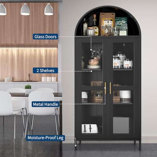 Garvee 73" Tall Arched Cabinet with Glass Doors and Adjustable Shelves | Black Arched Bookcase & Bookshelf, Freestanding Display Cabinet for Dining, Kitchen, Living Room, Powder-Coated Finish