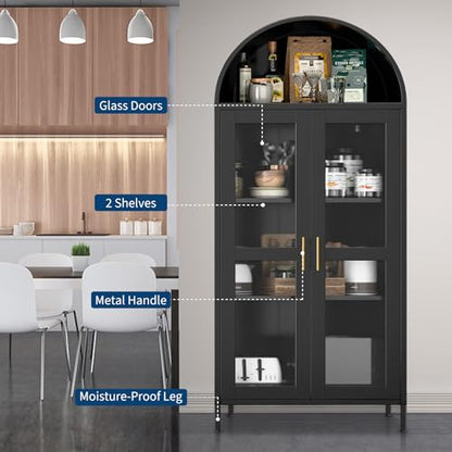 Garvee 73" Tall Arched Cabinet with Glass Doors and Adjustable Shelves | Black Arched Bookcase & Bookshelf, Freestanding Display Cabinet for Dining, Kitchen, Living Room, Powder-Coated Finish